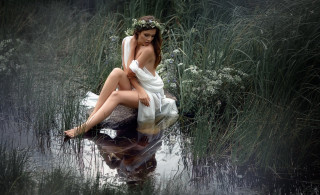 Woman white dress pond flowers - her free wallpaper