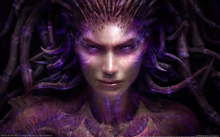 Purple hair woman weird look - her face and chest free wallpaper