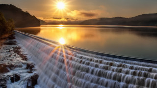 Waterfall sunset cityscape mountain river - beautiful landscape free wallpaper