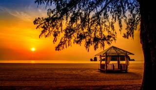 Small gazebo beach sunset tree - the sun setting free wallpaper