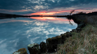 Lake fence clouds trees dusk - a jigsaw puzzle free wallpaper