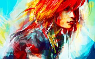 Red haired woman blue shirt - carne griffiths free wallpaper