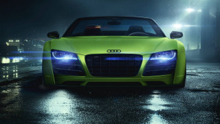 Green car wet street night - photorealism free wallpaper