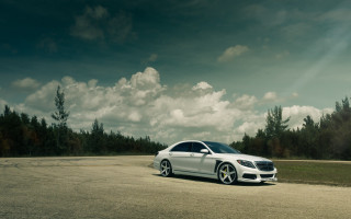 White car parked road forest - widescreen free wallpaper