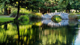 Bridge pond stone trees park - impressionist free wallpaper