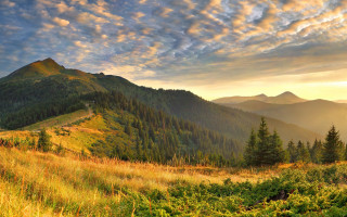 Grassy field mountain cloudy sky 4 - a sunbeam in the distance free wallpaper
