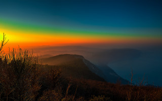 Sunset mountain green yellow sky - a few bush free wallpaper