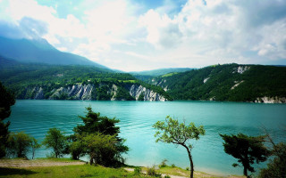 Lake mountains trees blue water 2 - blue water free wallpaper