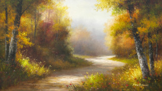 Forest path autumn leaves foggy - an oil painting free wallpaper