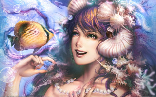Woman fish shell jewelry underwater - her hand and a fish free wallpaper