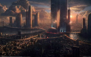 Futuristic city bridge sunset embers 2 - a large city in the background free wallpaper
