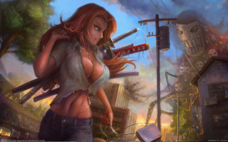 Woman bloodied knife giantess city - a creepy looking creature free wallpaper