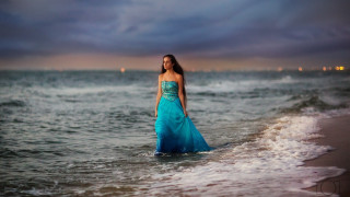 Daphne mcclure blue dress ocean 2 - a dark sky in the background free wallpaper