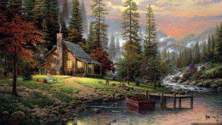 Cabin river boat ducks autumn - a painting of a cabin free wallpaper
