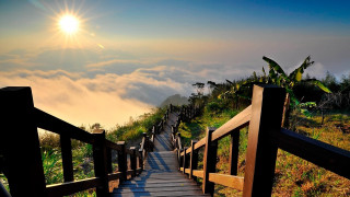 Wooden walkway mountain sunset sky - cui bai free wallpaper