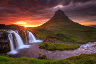Waterfall sunset mountain clouds red - esao free wallpaper