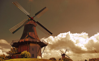 Windmill hill clouds redbuilding sunset - a red building free wallpaper