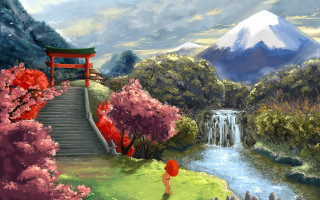 Woman walking waterfall red umbrella - a digital painting free wallpaper