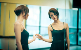 Woman black dress mirror reflection 2 - herself free wallpaper