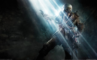 Futuristic man sword lightbeam darkcave - steampunk free wallpaper