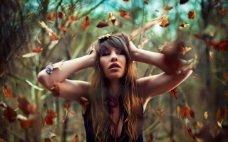 Woman longhair forest autumn leaves - free forest wallpaper