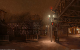 Snowy night streetlight cityscape bridge - a snowy night free wallpaper