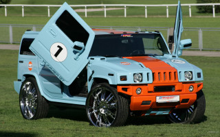 Blue orange jeep fence grass - hypermaximalist free wallpaper