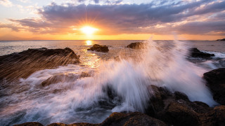 Sunset ocean wave rocks person 2 - the rock free wallpaper