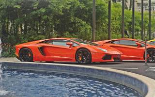 Orange sports cars fountain trees - the car free wallpaper
