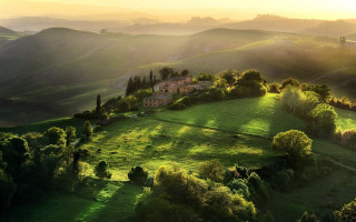 Green hillside house trees sunset 2 - a green hillside free wallpaper