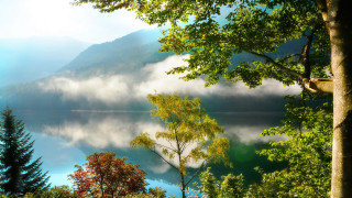 Lake trees clouds mountains autumn - free autumn wallpaper