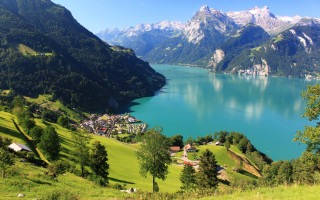Lake mountains green hillside houses 2 - house free wallpaper