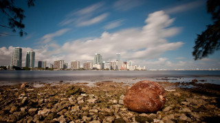 Rock beach city skyline cloudy - a large rock free wallpaper