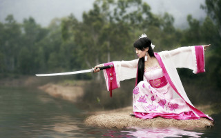 Woman kimono sword water forest - cosplay free wallpaper