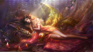 Woman red dress bed dragon - fantasy art free wallpaper