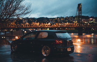 Wet parking lot night bridge - scenery free wallpaper