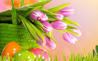 Basket pink flowers eggs grass - the grass behind free wallpaper