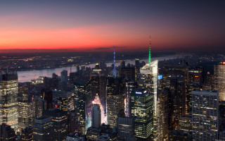 Cityscape night redsky river greenspire - cityscape free wallpaper