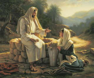 Woman talking man desert mountain - canvas painting free wallpaper