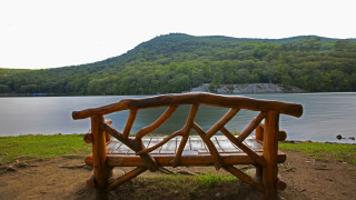 Wooden bench lake mountain nature - top of a grass free wallpaper