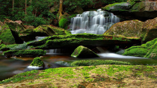 Mossy rocks forest waterfall impressionist - a small waterfall in a forest free wallpaper