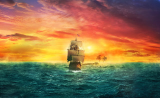 Sunset ocean ship mountain fire - a horse in the foreground free wallpaper