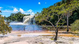 Waterfall river shore trees blue - a waterfall free wallpaper