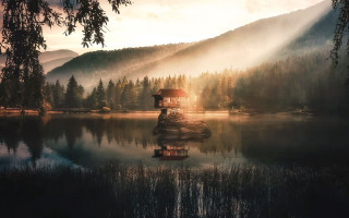 Lake tower forest sunset matte - filip hodas free wallpaper