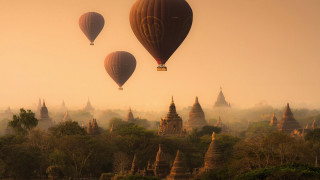 Hot air balloons forest pagodas - beautiful landscape free wallpaper