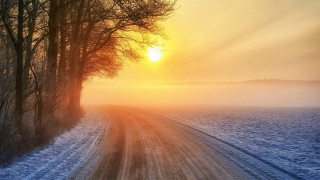 Snowy road mountain reflection orange - both side of it free wallpaper