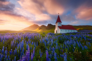 Church blueflowers sunset mountains puzzle - chris labrooy free wallpaper