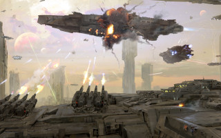 Futuristic fighter jet city smoke - a futuristic setting free wallpaper