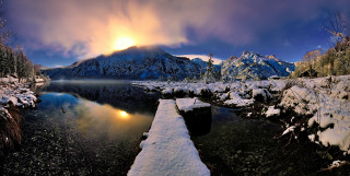 Snow mountain lake dock night - a dock in the foreground free wallpaper