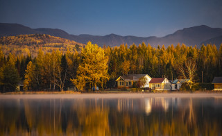 Lake house trees mountains autumn 2 - impressionist free wallpaper